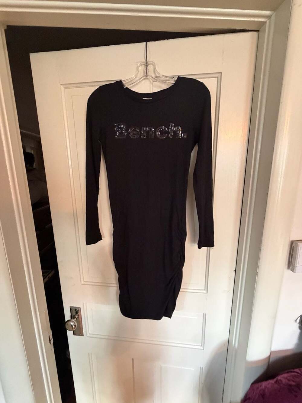 Bench Black Long-Sleeve Sequin Logo Ruched Bodycon Dress XS